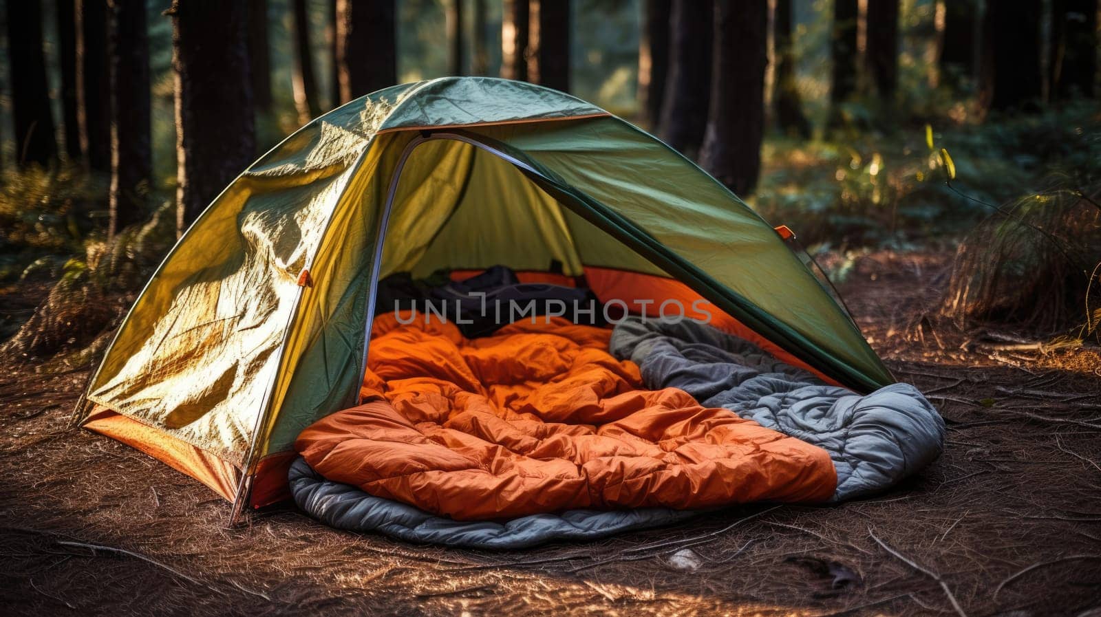 Sunny campsite in the forest. Outdoor sports. Tent and sleeping bag AI