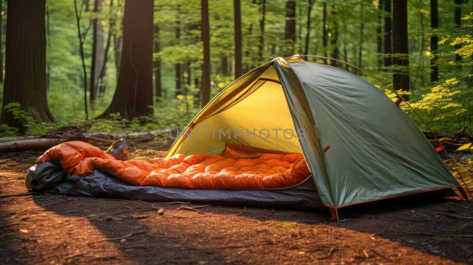 Sunny campsite in the forest. Outdoor sports. Tent and sleeping bag by natali_brill