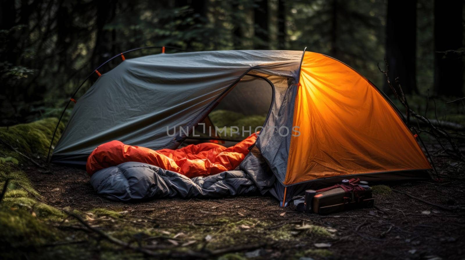 Sunny campsite in the forest. Outdoor sports. Tent and sleeping bag by natali_brill