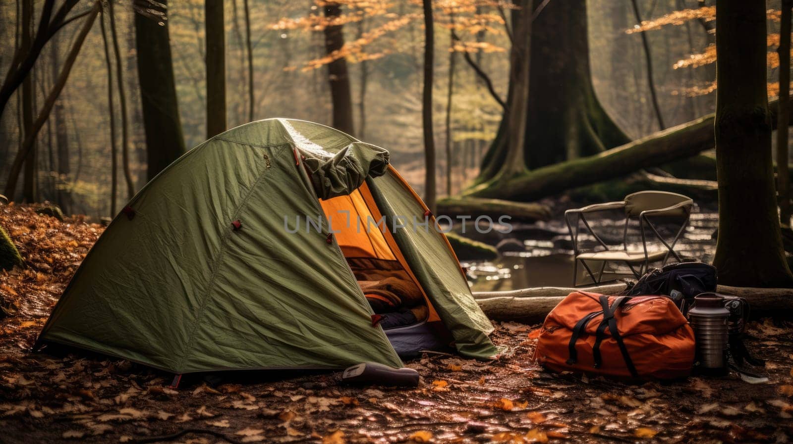 Sunny campsite in the forest. Outdoor sports. Tent and sleeping bag AI