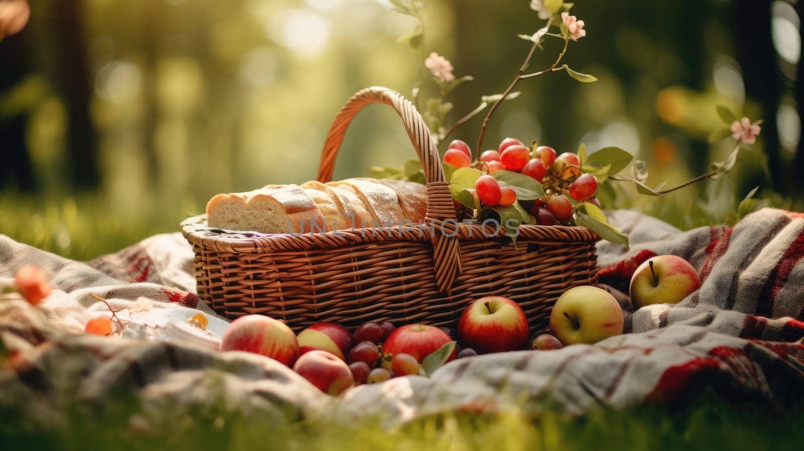 Picnic basket with fruit and bakery in garden. by natali_brill