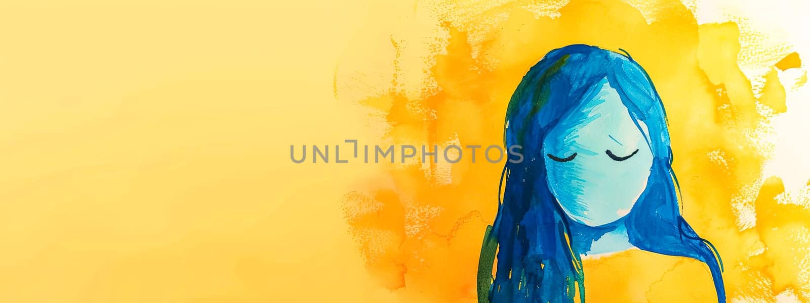 A visually striking painting featuring a woman with electric blue hair and closed eyes, set against a vibrant yellow background.