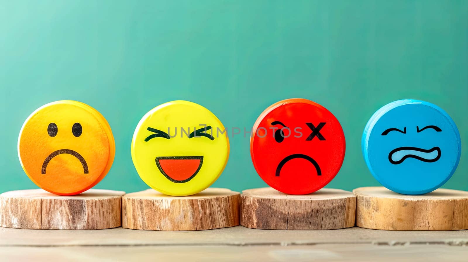 A row of wooden blocks featuring various facial expressions, including smiles, happy mouths, and emoticons.