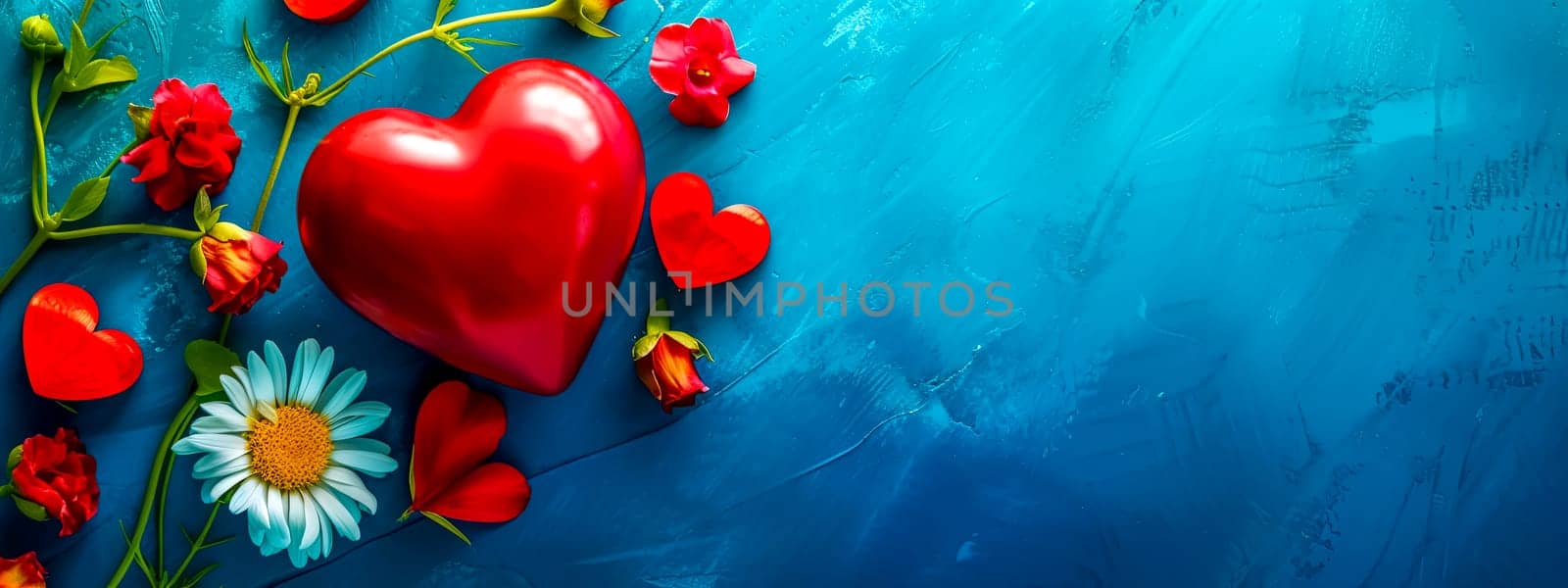 A cheerful gesture of love, with a red heart amidst red roses and daisies, set on an electric blue background.