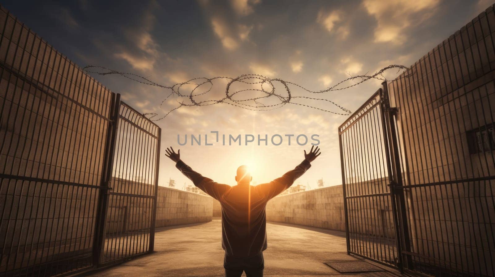 Prisoner being released from prison and greeting freedom with the open gates by natali_brill