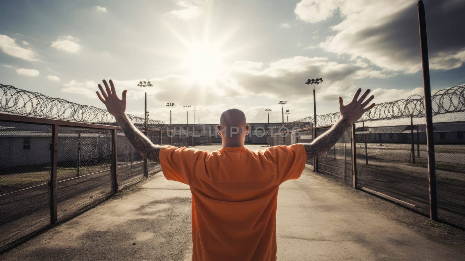 Prisoner being released from prison and greeting freedom with the open gates in the background AI