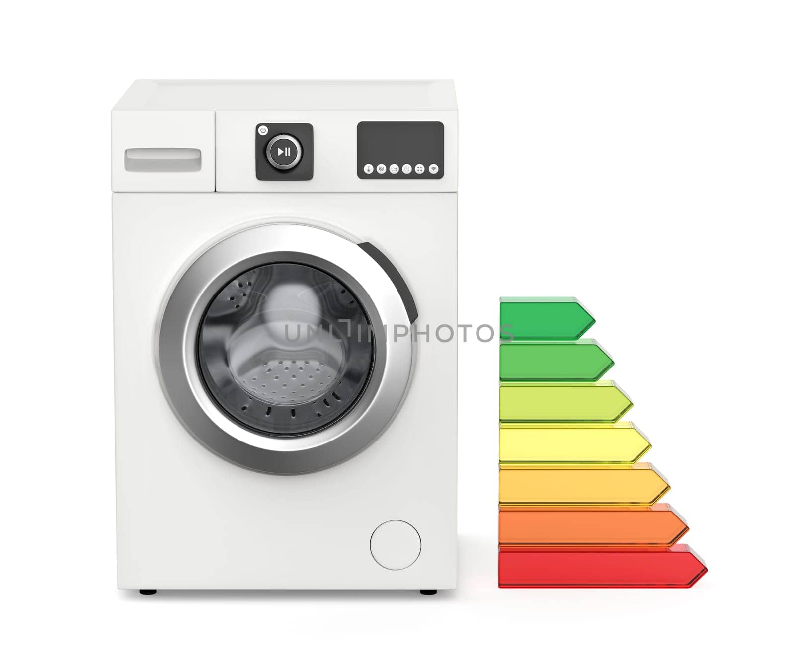 Front load washing machine and energy efficiency rating bars, front view