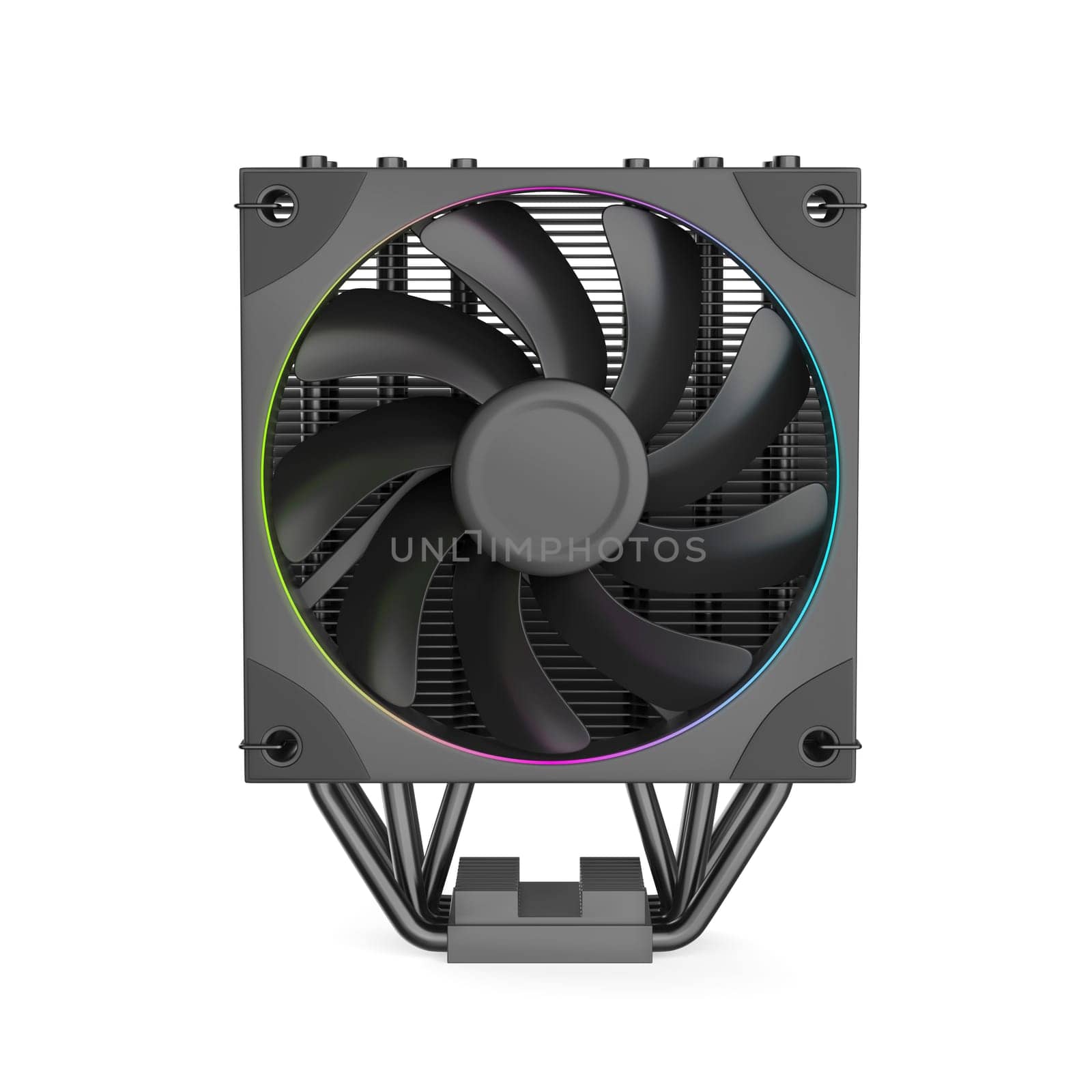 Front view of black CPU air cooler on white background