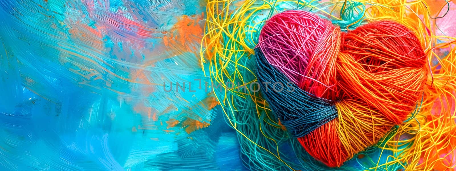 Yarn heart on vibrant background with artistic design.