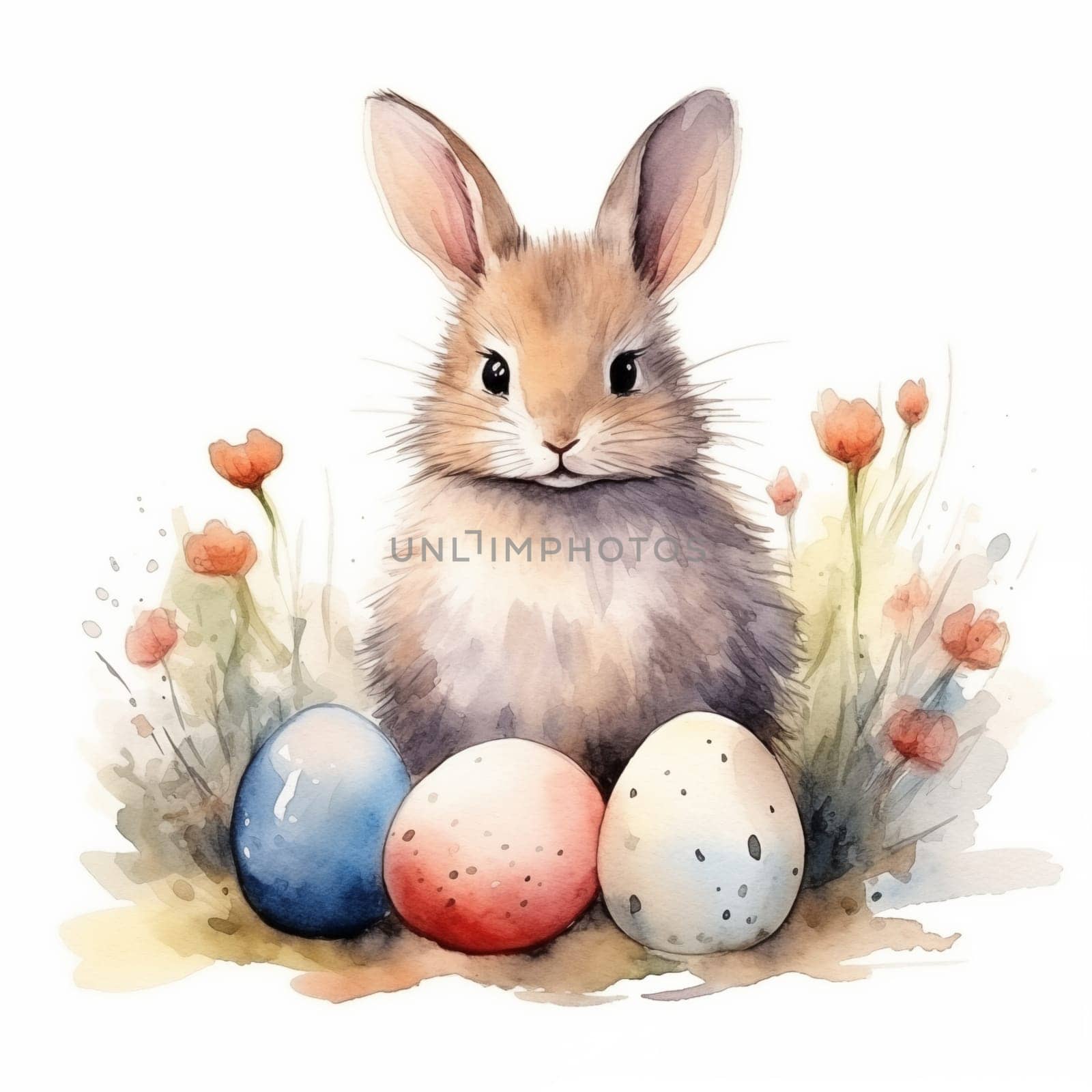Watercolor easter bunny in grass and flower with eggs, baby rabbit cute animal can used for greeting card, celebration banner, notebook cover, poster and label.