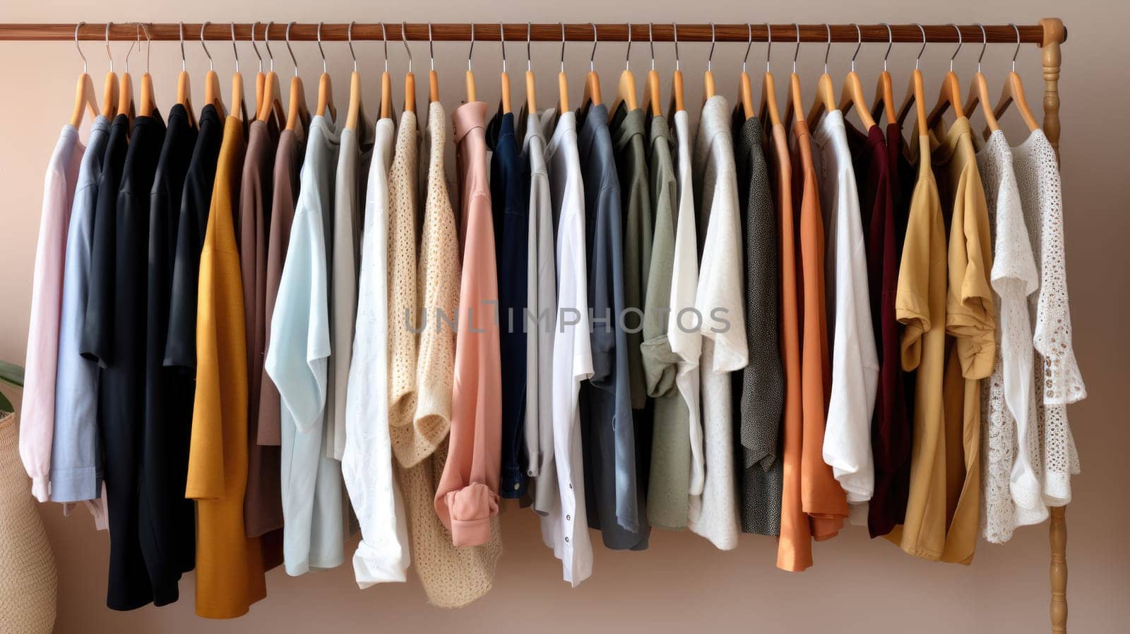 Wardrobe organization. Hanger with fashionable outfits AI