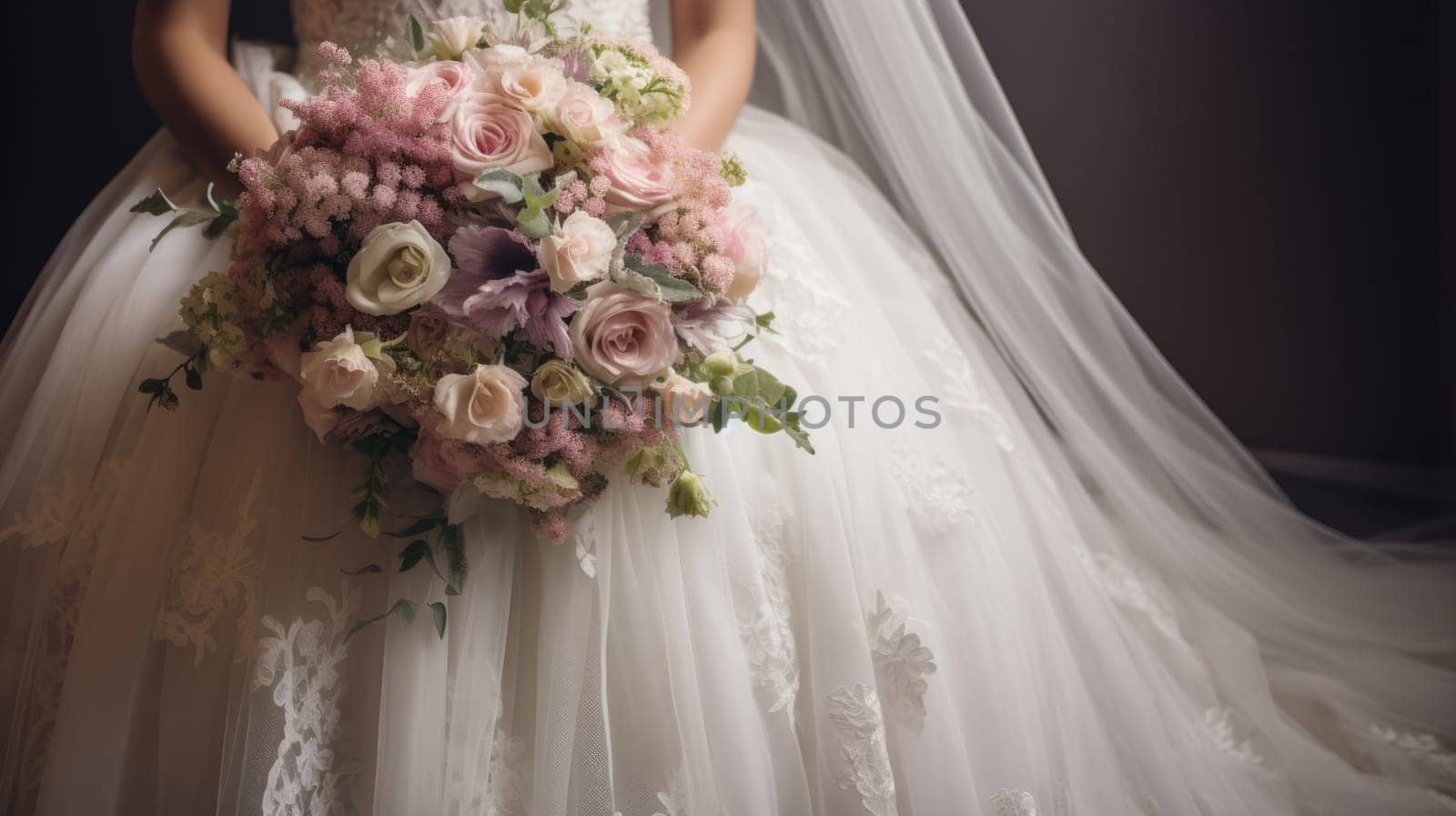 Wedding celebration. Bride's bouquet and wedding dress. AI