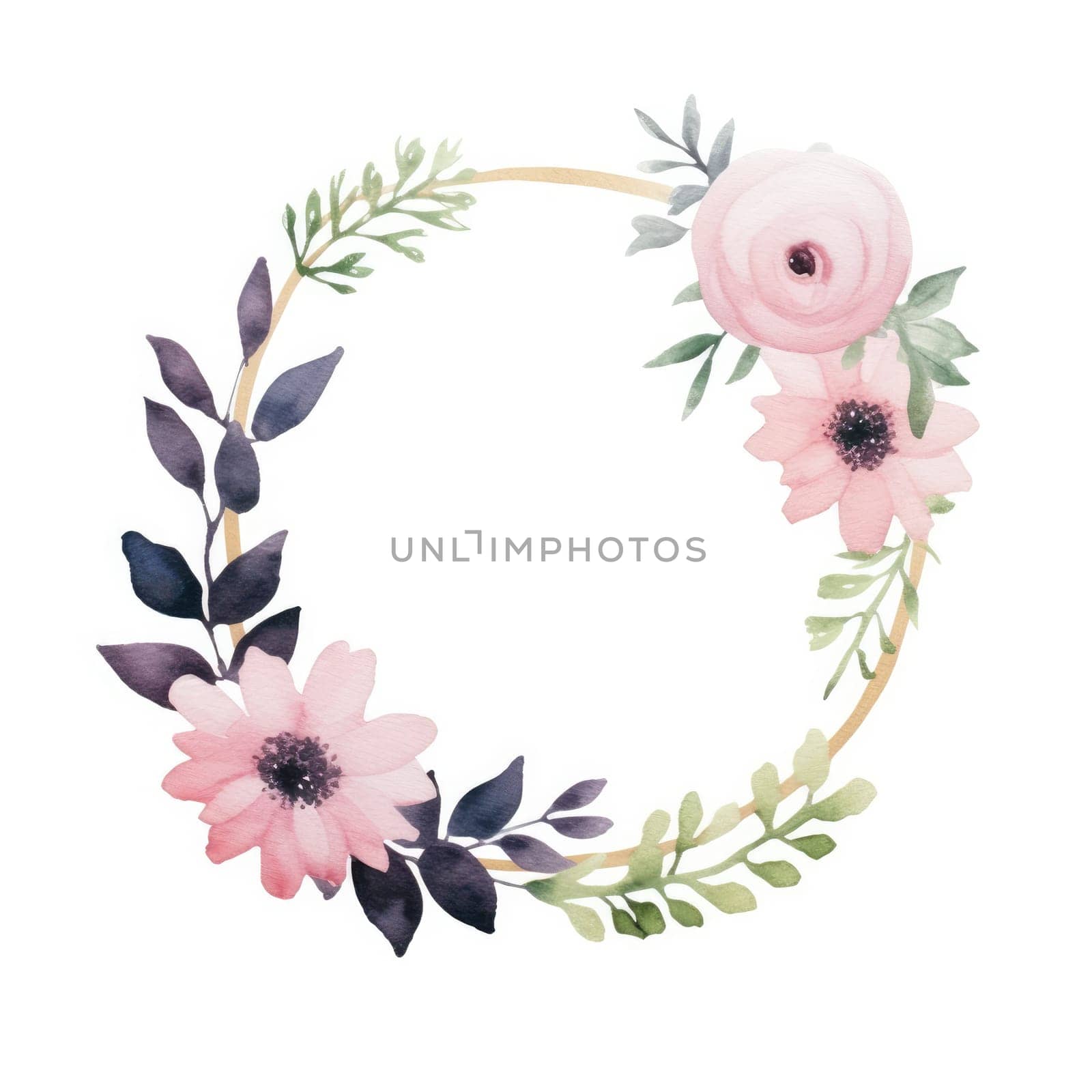 Watercolor flowers frame illustration for greeting card. Generative AI.