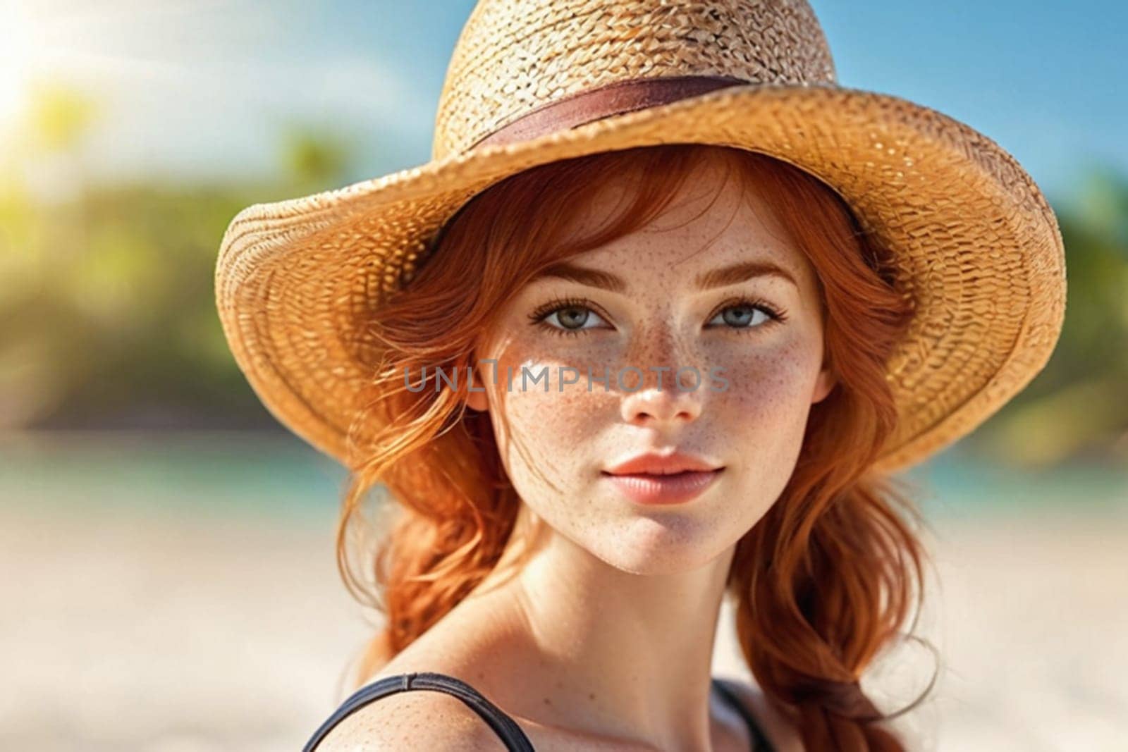 Portrait of a beautiful young redhead woman wearing a wide-brimmed straw hat on the beach and looking at the camera. Close-up of the face of an attractive, pensive, smiling girl with freckles and red hair by Ekaterina34