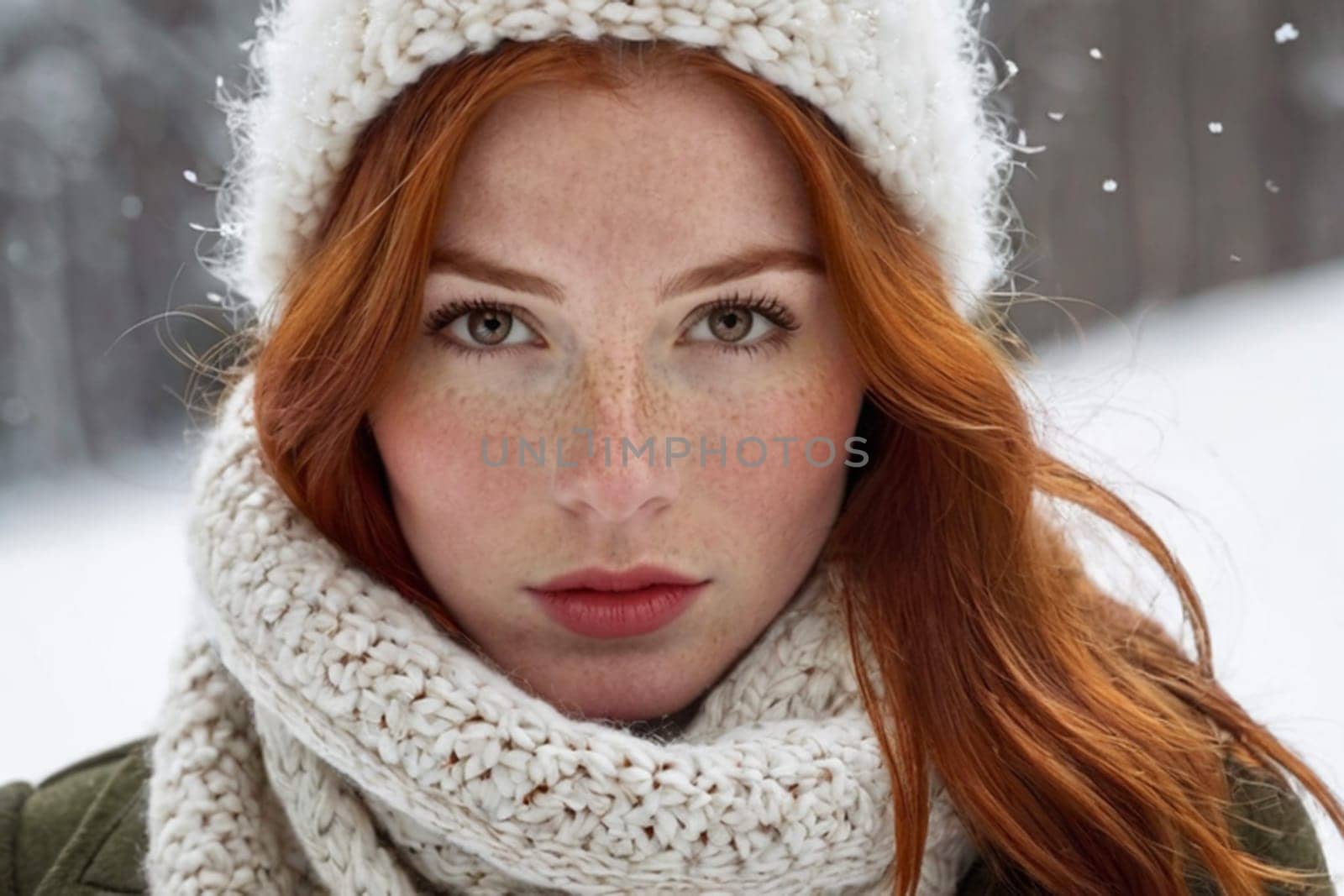 Winter portrait of a young red-haired girl in a knitted hat and scarf covered with snow. Face with freckles close-up. Snowy winter beauty concept by Ekaterina34