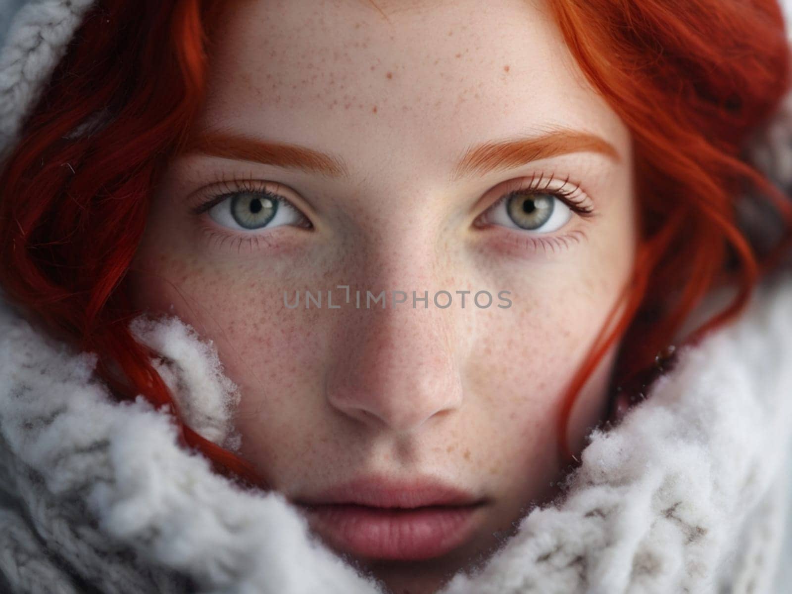 Winter portrait of a young red-haired girl in a knitted snood covered with snow. Snowy winter beauty concept. by Ekaterina34