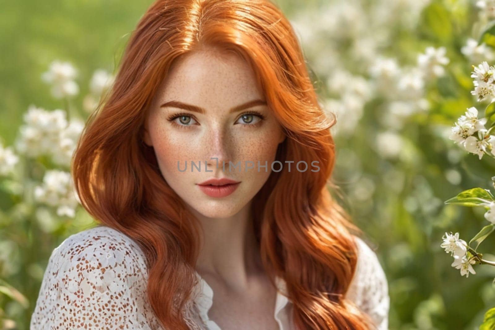 portrait of a red-haired beautiful woman with freckles and long red hair in spring flowers by Ekaterina34