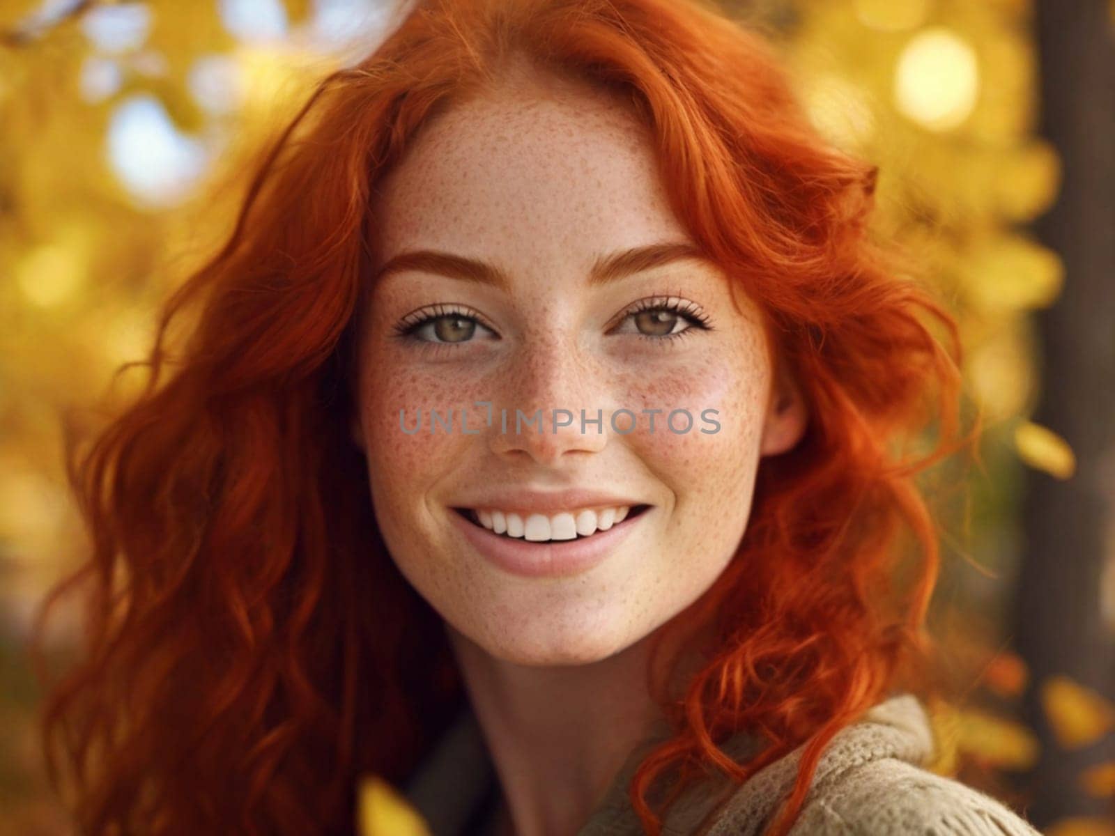 Portrait of a young happy redhead woman with freckles and long wavy hair in an autumn park with yellow foliage