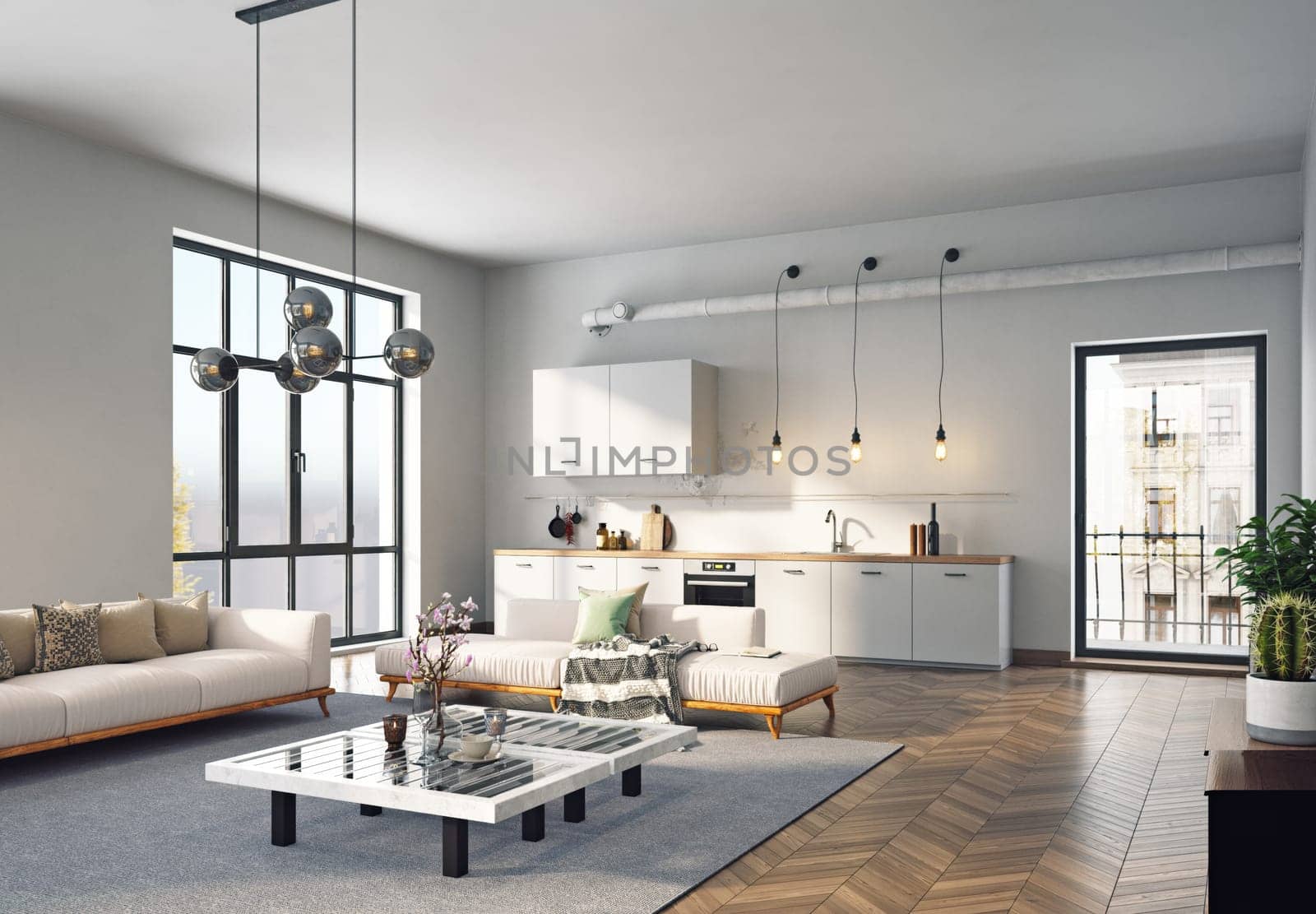 Interior of modern living room with white walls, wooden floor, . 3d rendering