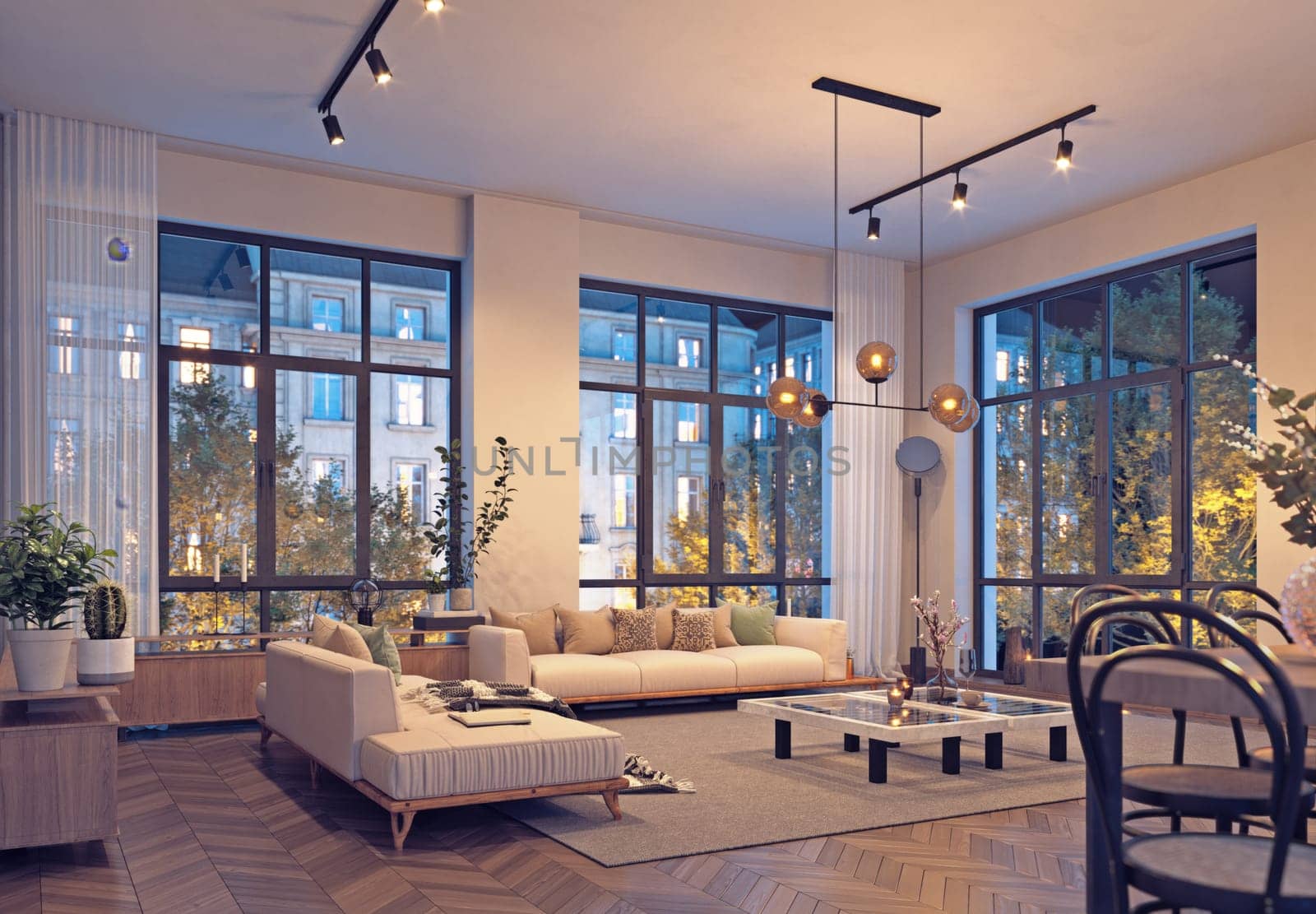 Modern living room interior design. 3D render concept. Living room.