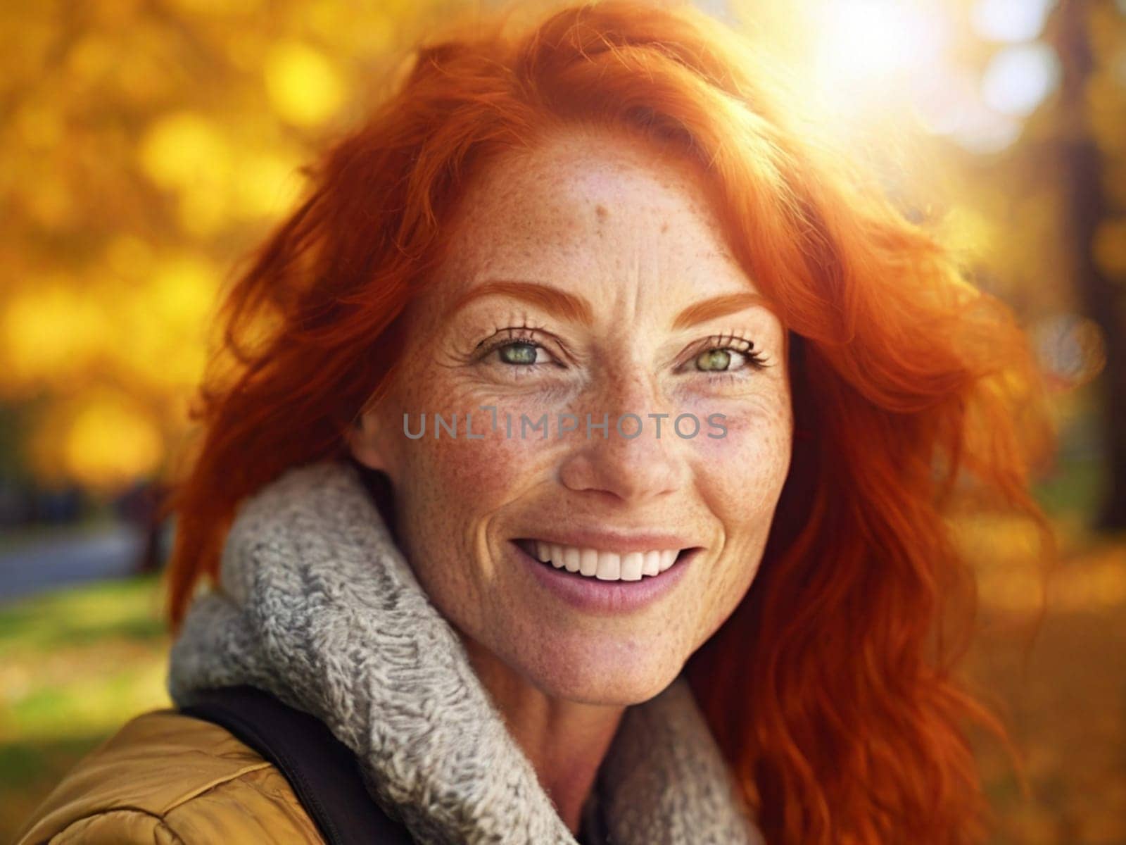 Portrait of a mature 45 year old happy redhead woman with freckles and long wavy hair in an autumn park with yellow foliage.