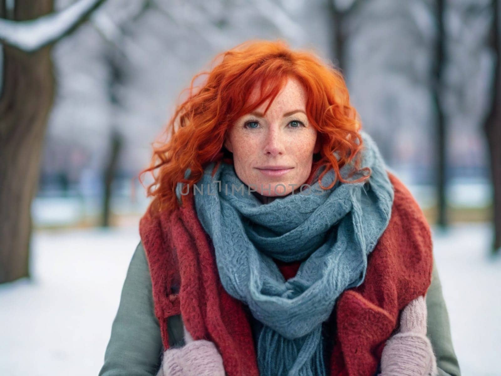 Portrait of a mature red-haired woman, 45 years old, wearing a knitted scarf, in a winter park covered with snow. Face with freckles. Snowy winter beauty concept