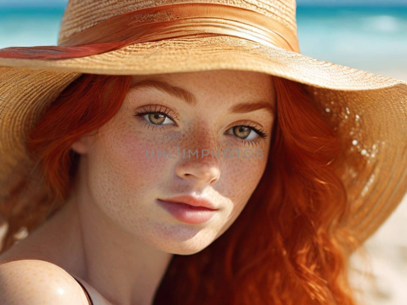 Portrait of a beautiful young redhead woman wearing a wide-brimmed straw hat on the beach and looking at the camera. Close-up of the face of an attractive smiling girl with freckles and red hair.