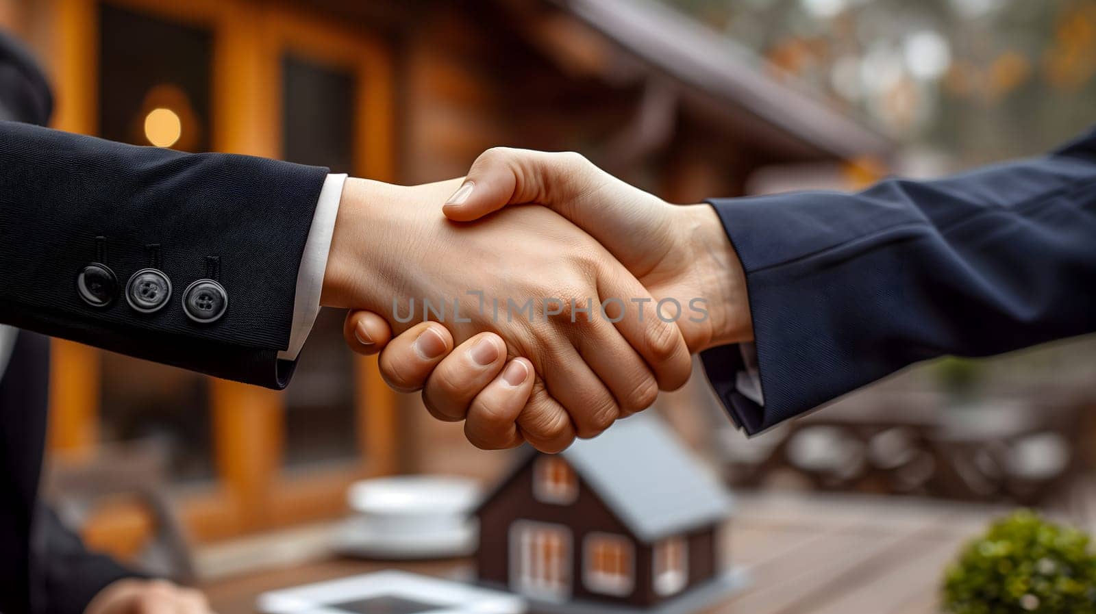 Two formal suit men handshake above table with house model and papers. Neural network generated image. Not based on any actual person or scene.