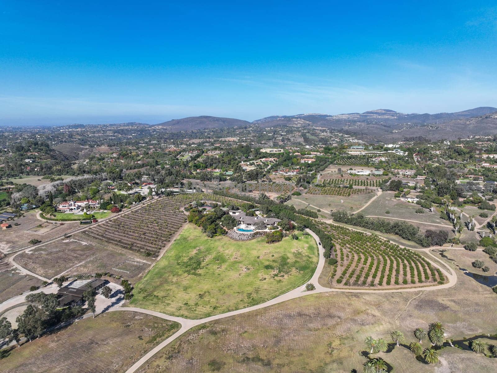 Aerial view over Rancho Santa Fe super wealthy town in San Diego, California, USA