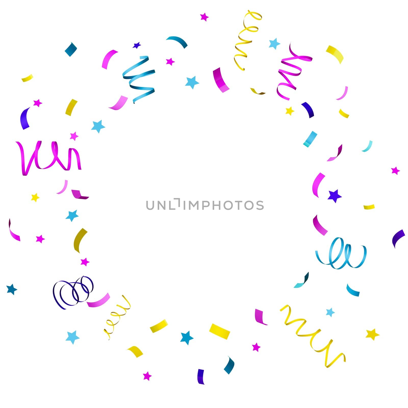 Circle of multicolored confetti on white background, ideal for festive designs, celebration themes, or dynamic backdrops in various creative projects. Colorful particles, close up view. Cut out. 3D