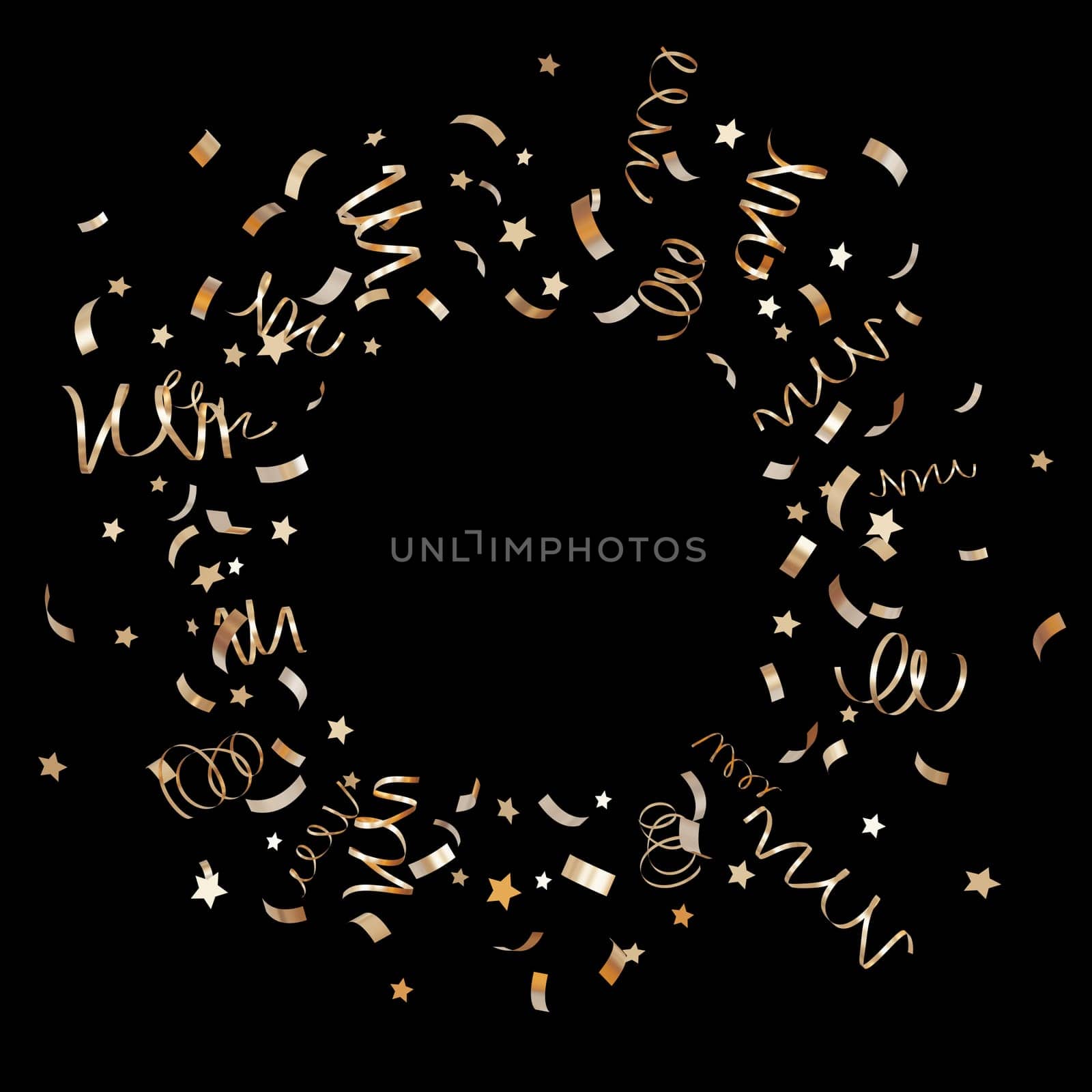 Circle of golden confetti isolated on black background. Shiny particles, close up. Party, Merry Christmas, New year, Birthday decoration. Cut out. Perfect for celebrations invitations. Copy space. 3D