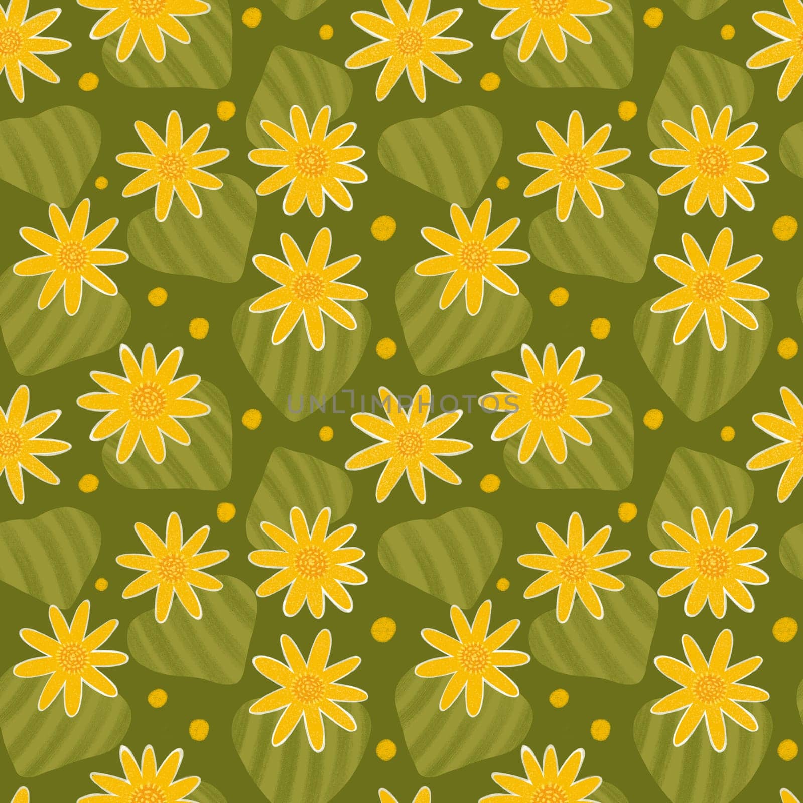 Floral seamless pattern. Yellow flowers with leaves on green background. Cute hand drawn water lilies with brush texture. Summer floral repeated design for textile, fabrics, wallpaper