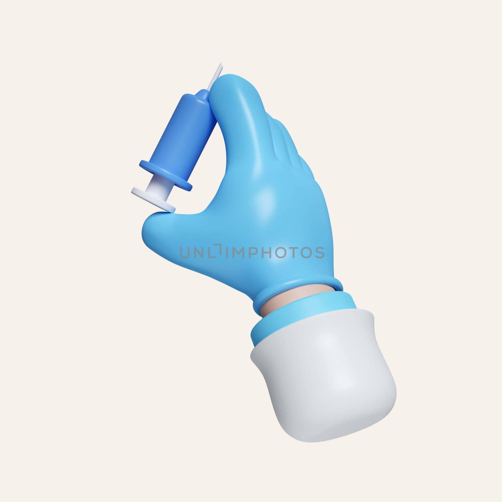 3d Medical icon. Doctor or pharmacist cartoon hand with holds syringe . icon isolated on white background. 3d rendering illustration. Clipping path..