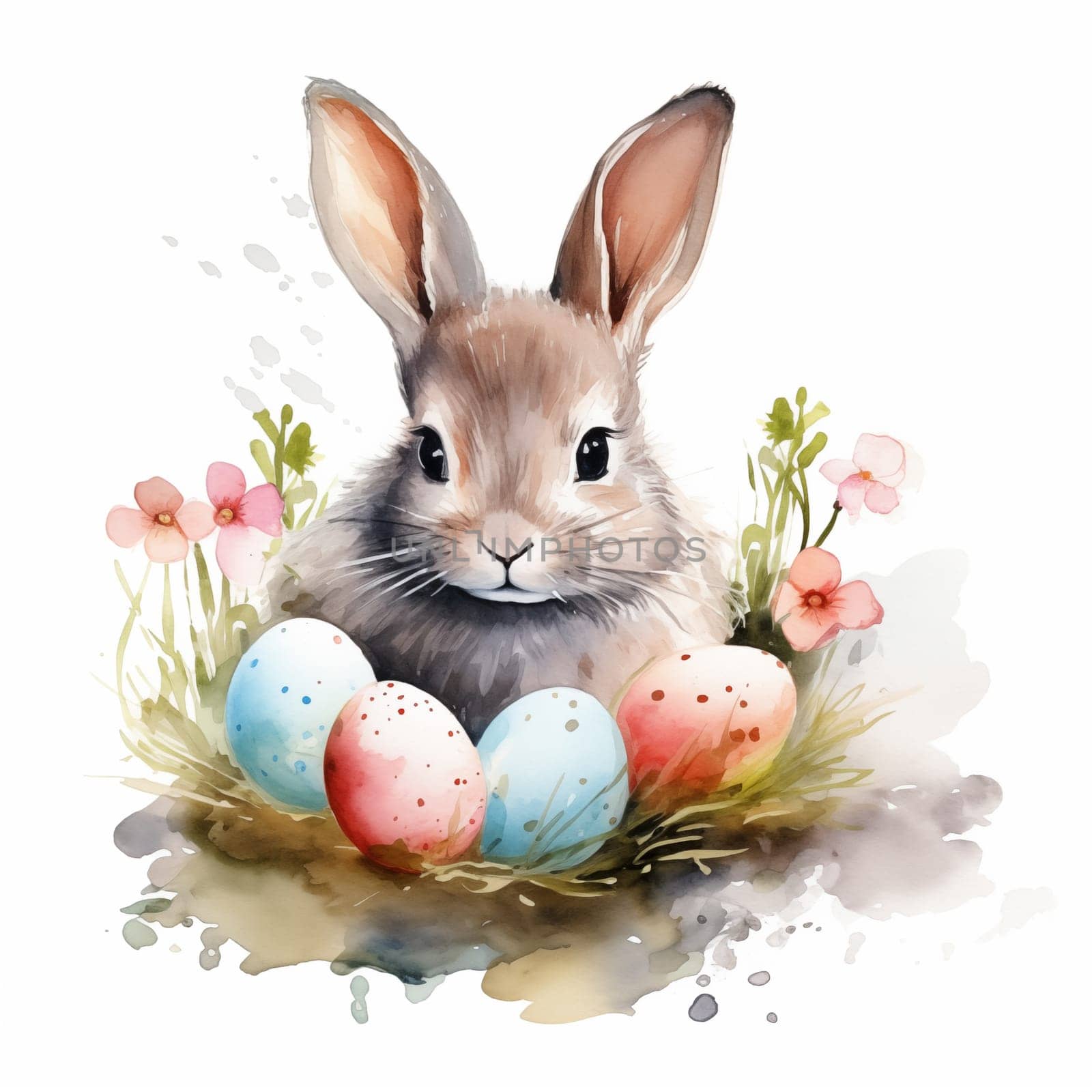 Watercolor easter bunny in grass with eggs, baby rabbit cute animal with spring flowers.