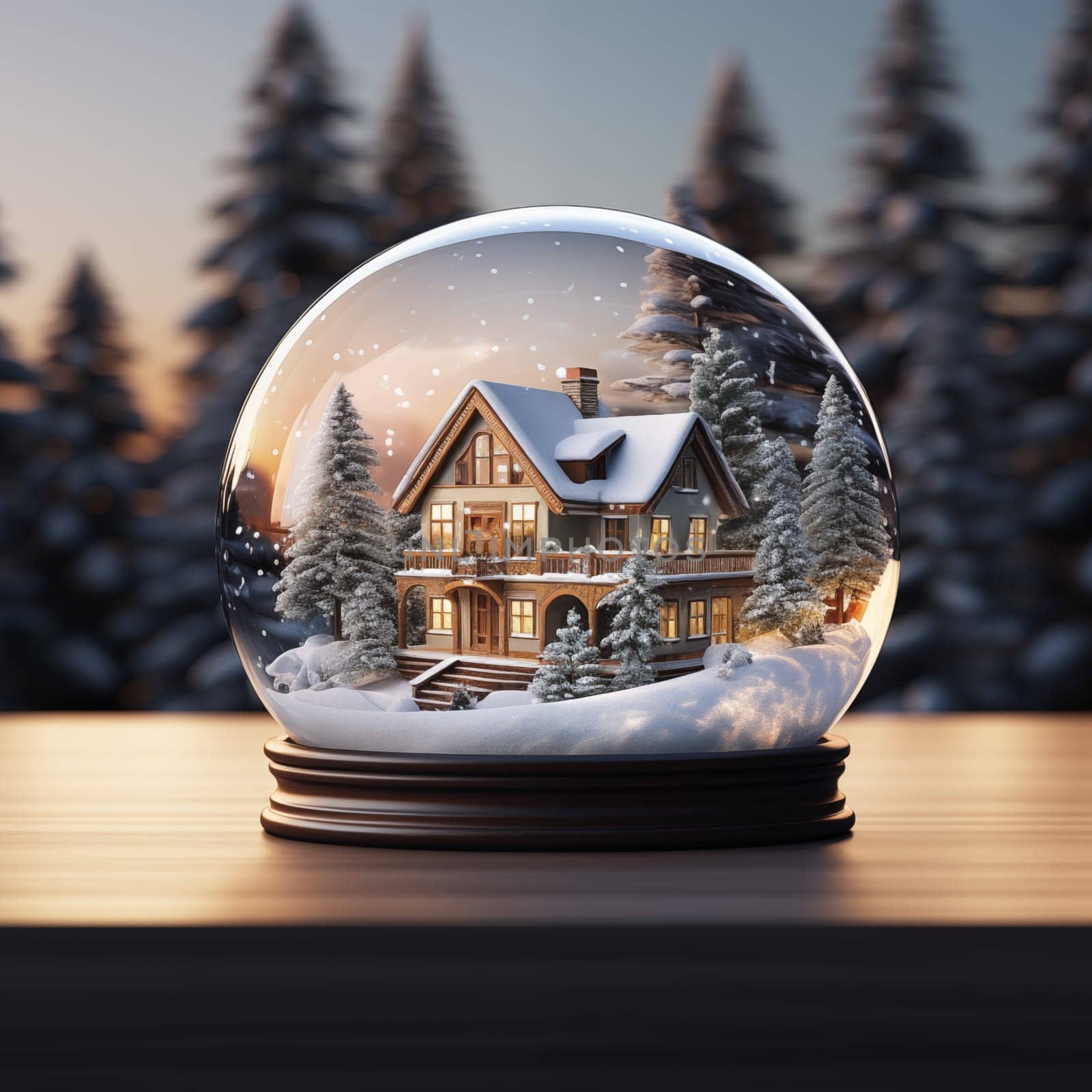 beautiful snow globe with house inside on winter background. Winter forest on background.