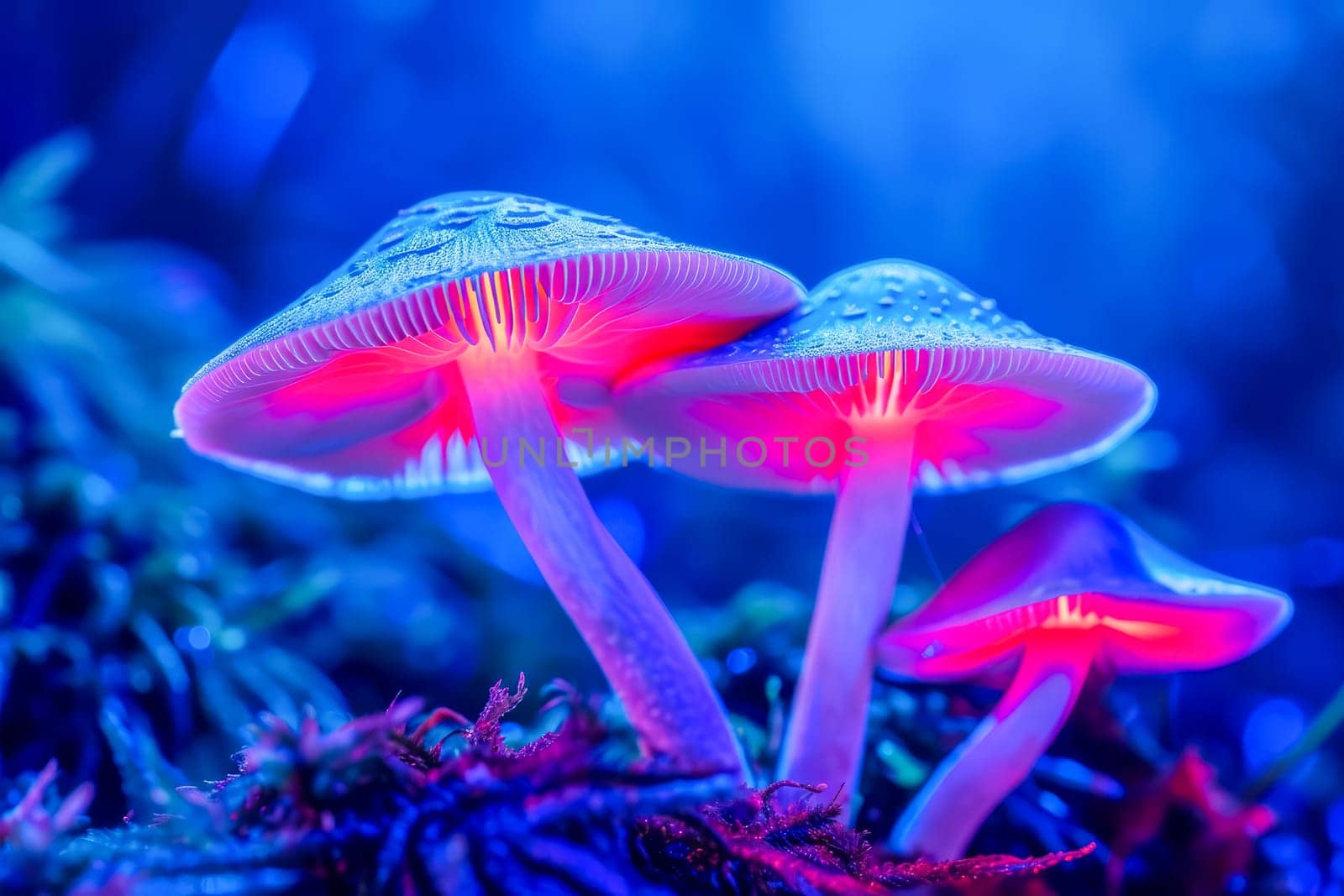 Close-up of magic mushrooms in blue-red-pink neon light. AI generated.