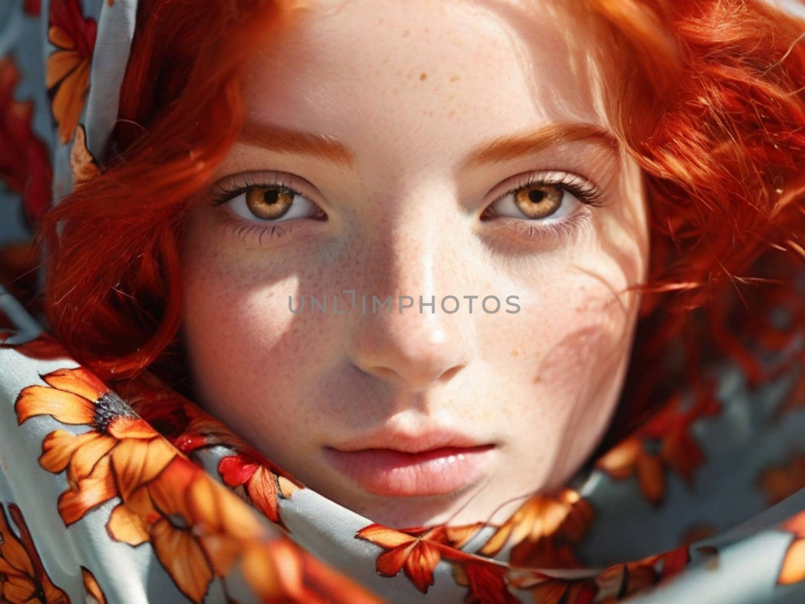 Beautiful young red-haired woman in a warm scarf in an autumn park. Close-up portrait. by Ekaterina34