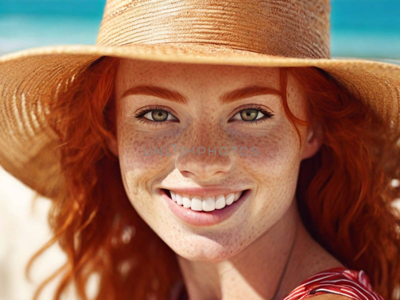 Portrait of a beautiful young redhead woman wearing a wide-brimmed straw hat on the beach and looking at the camera. Close-up of the face of an attractive smiling girl with freckles and red hair by Ekaterina34