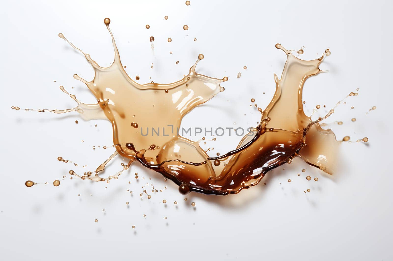 Splash, puddle of spilled black coffee on a white background. Abstract background.