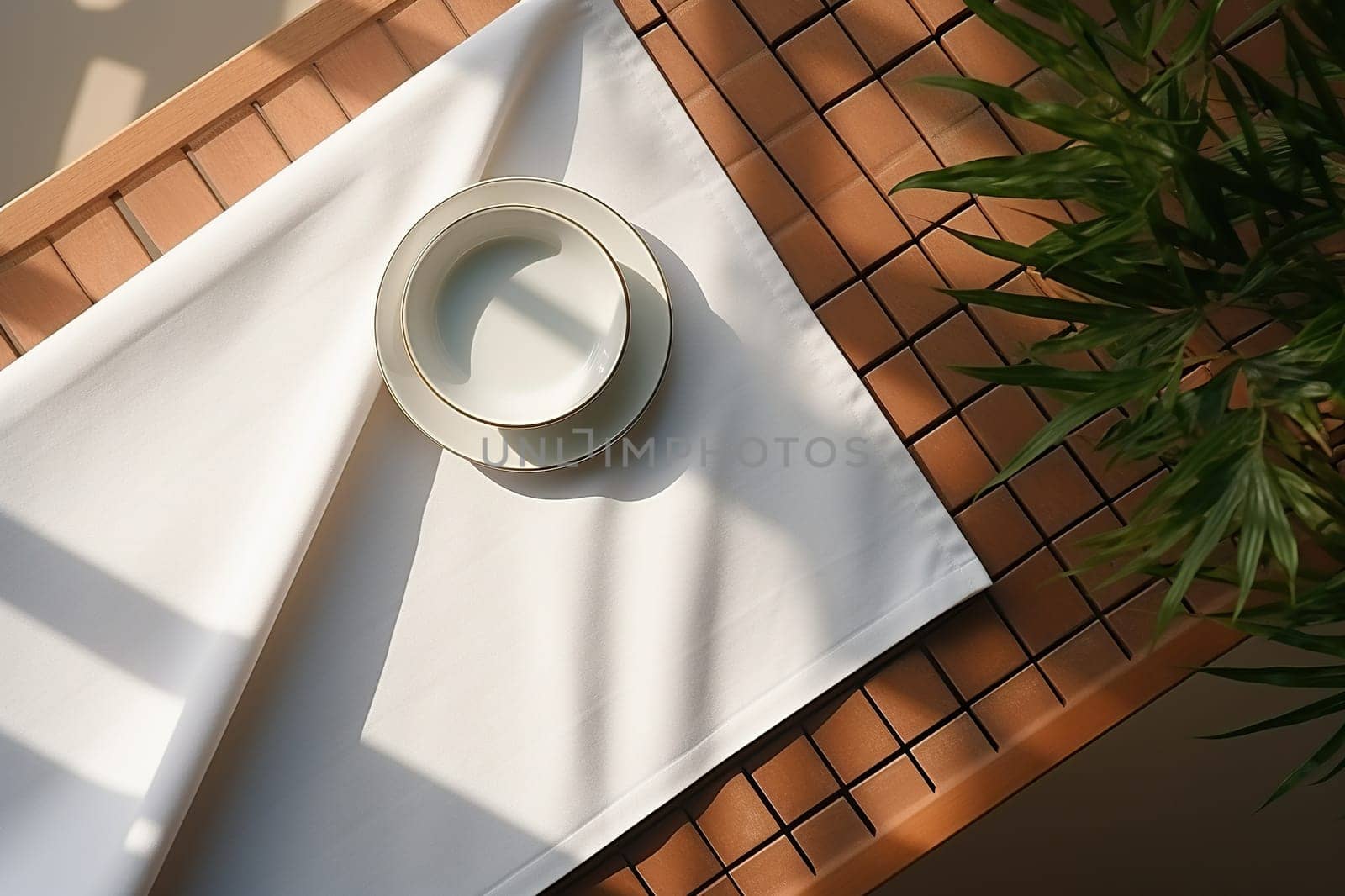 Cafe interior. Top view of an empty white cup on a white napkin.