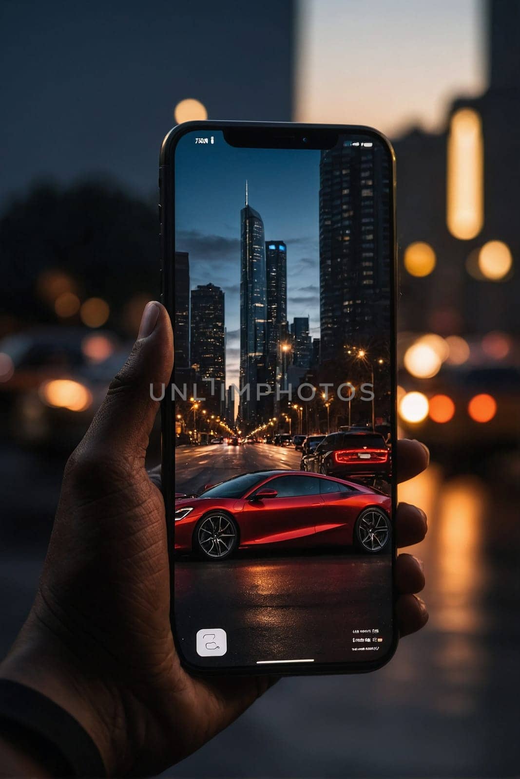 A person holds their phone up to capture a photo of a car.