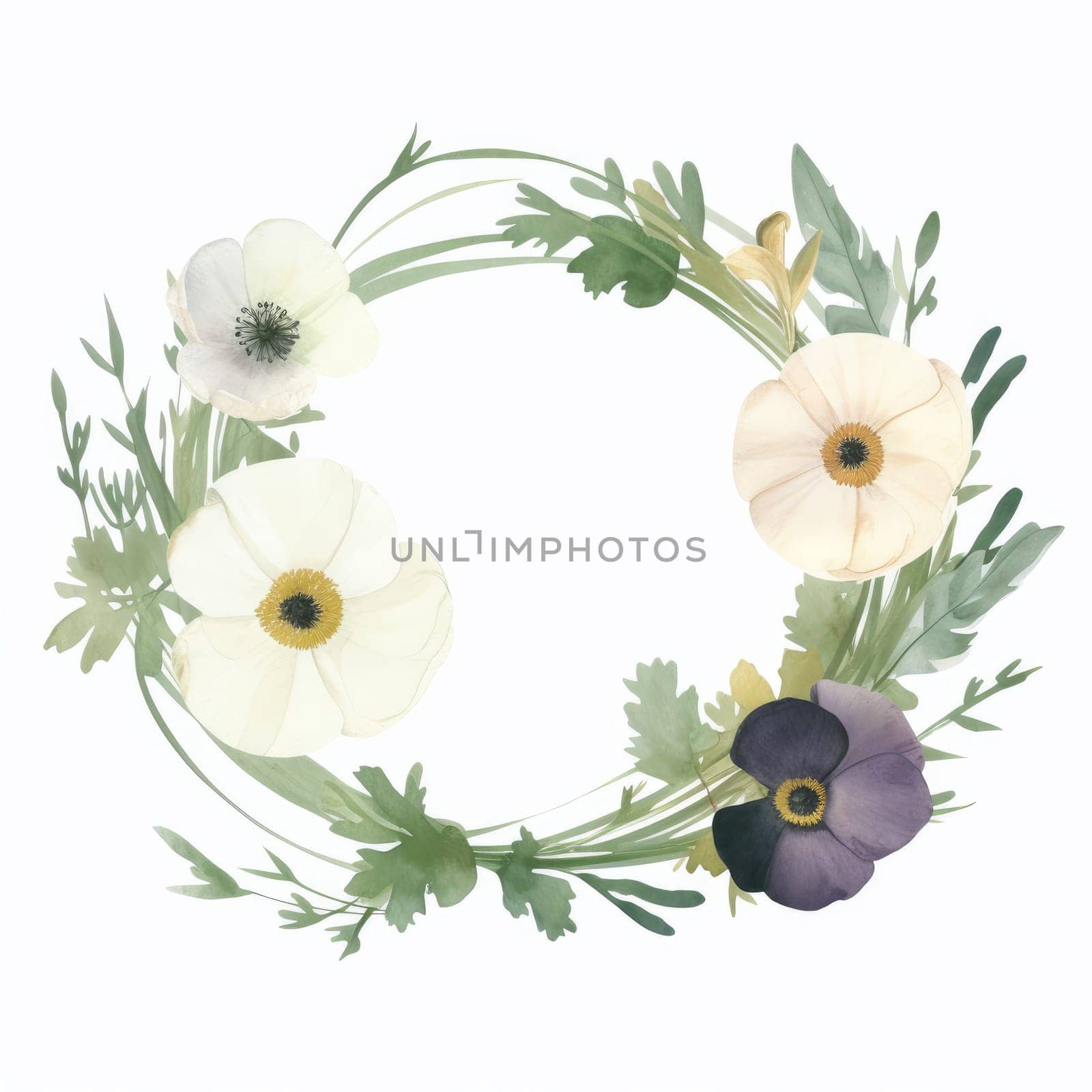 Watercolor flowers frame illustration for greeting card. Generative AI by itchaznong