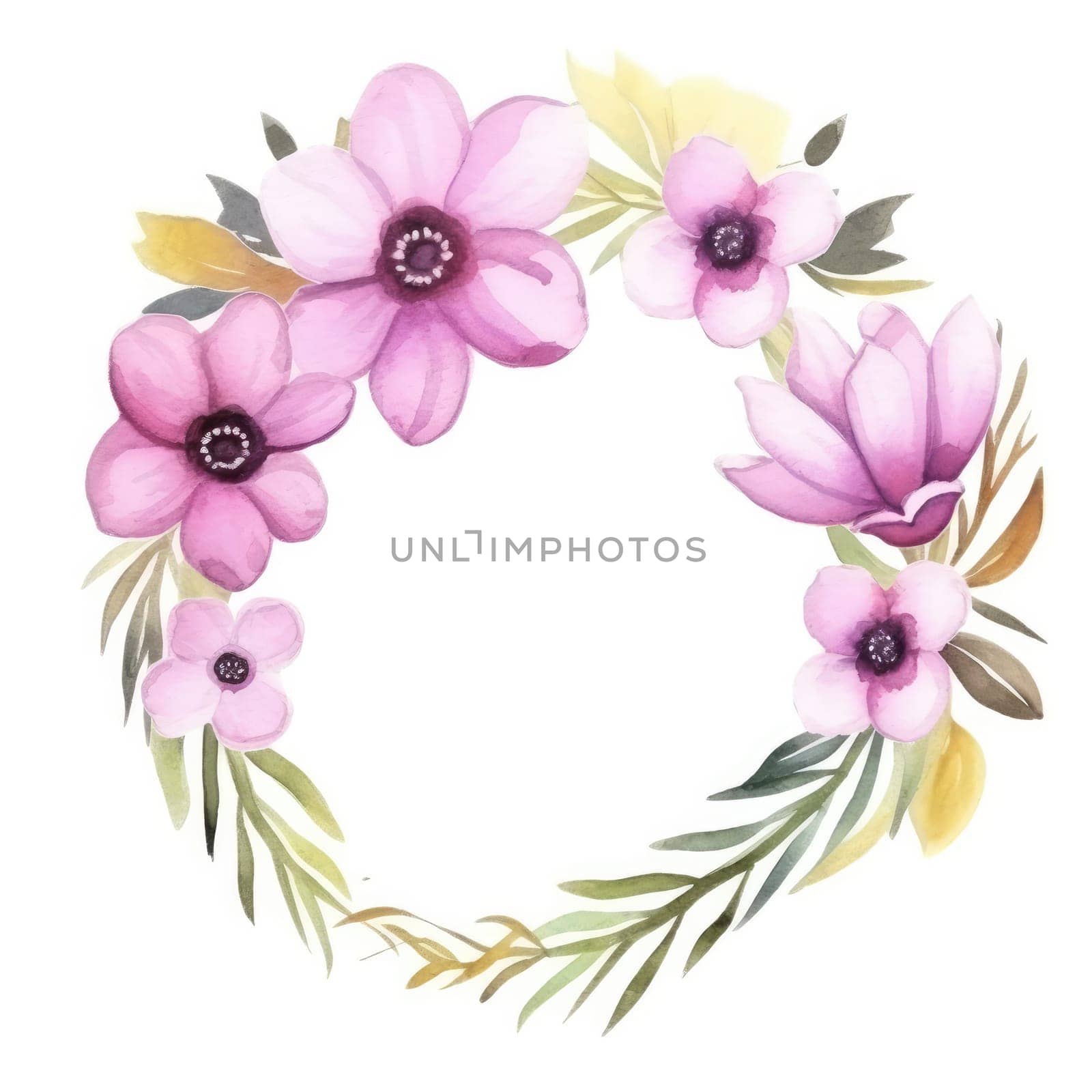 Watercolor flowers frame illustration for greeting card. Generative AI.