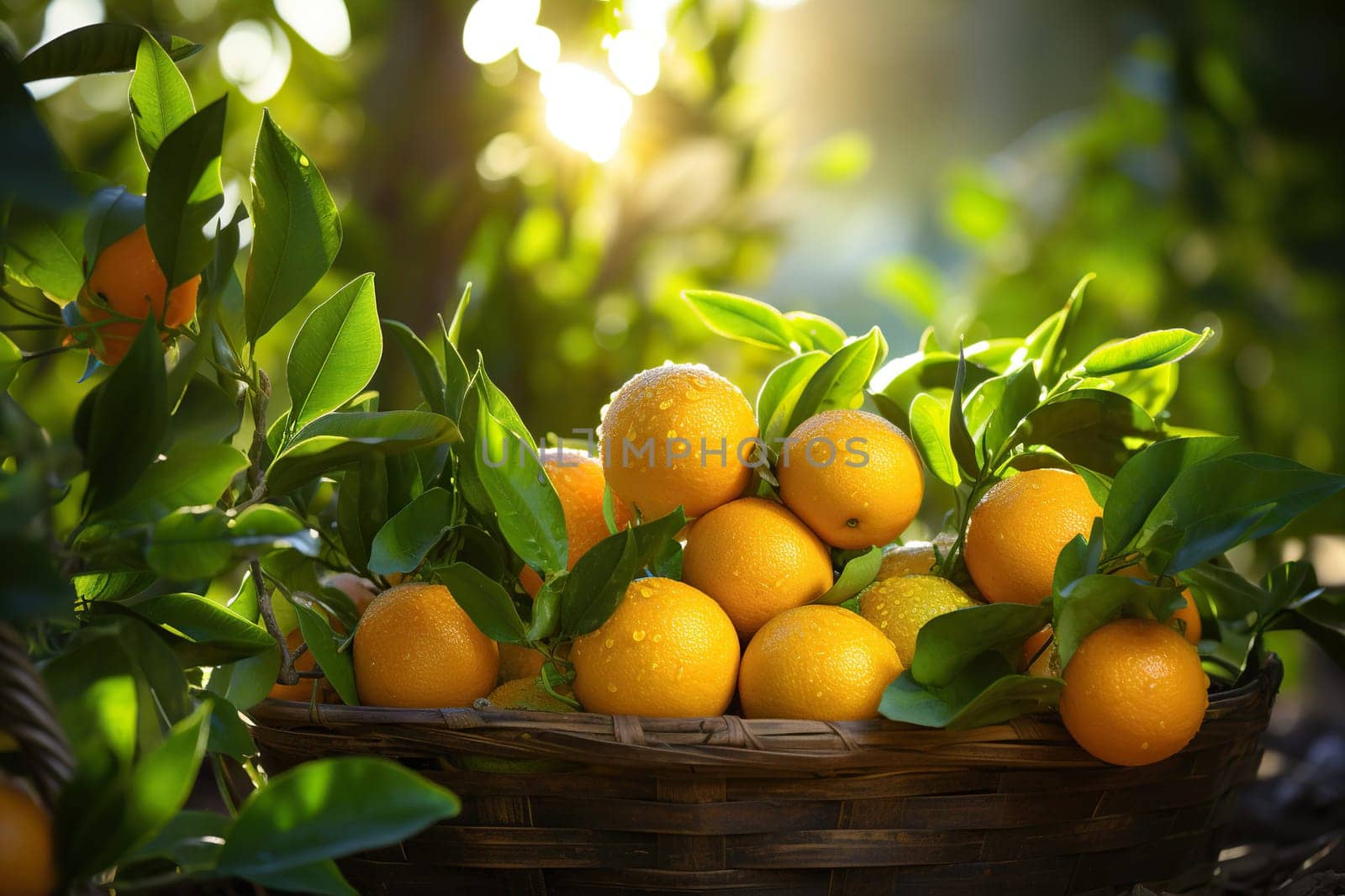 Harvest ripe oranges in a wicker basket on a wooden table with natural bokeh background.
