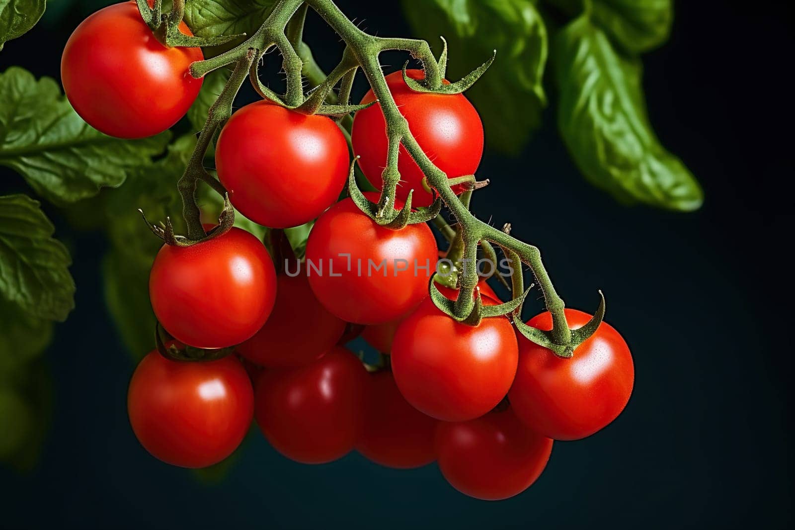 Ripe red cherry tomatoes hang on a branch on a black background.