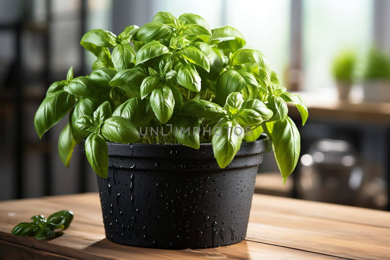 Basil growing in a black pot in the kitchen.