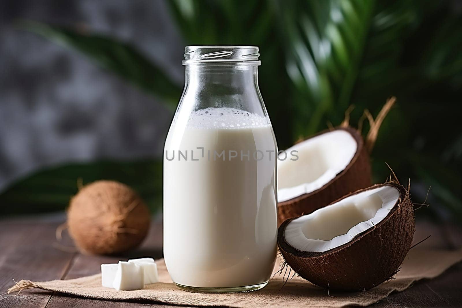 A bottle of coconut milk on a wooden tray with coconut halves nearby. Healthy nutrition concept.