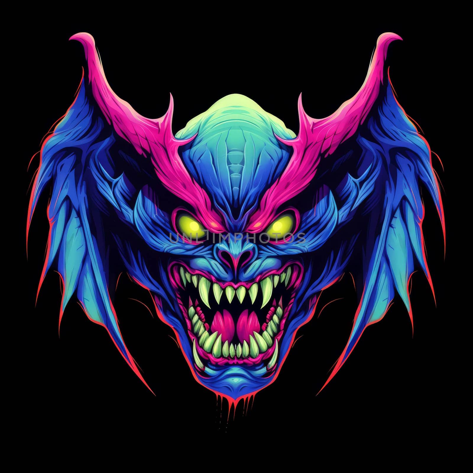 Nightmare Monsters. Mythical scary creatures in dark tone with neon glow. Template for t-shirt print, sticker, poster, etc. 