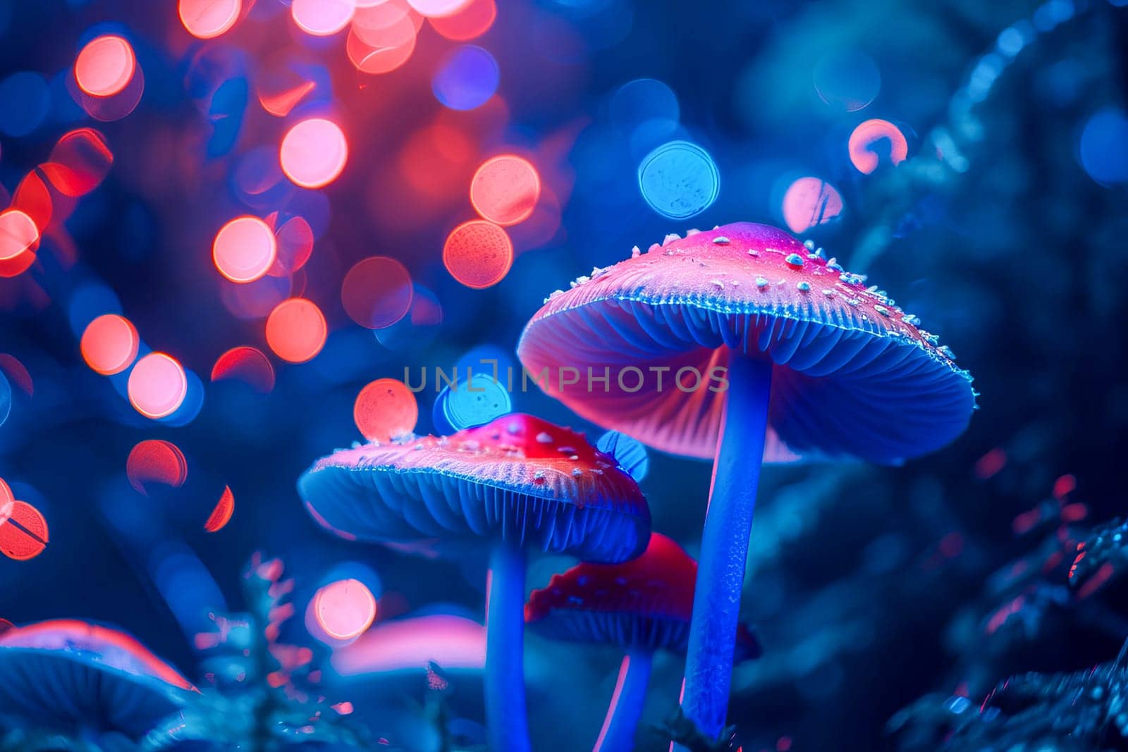 Close-up of magic mushrooms in blue-red-pink neon light. AI generated.