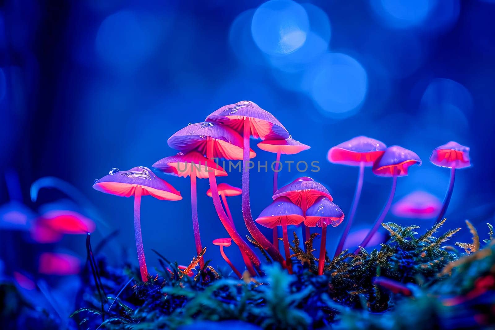 Close-up of magic mushrooms in blue-red-pink neon light. AI generated.